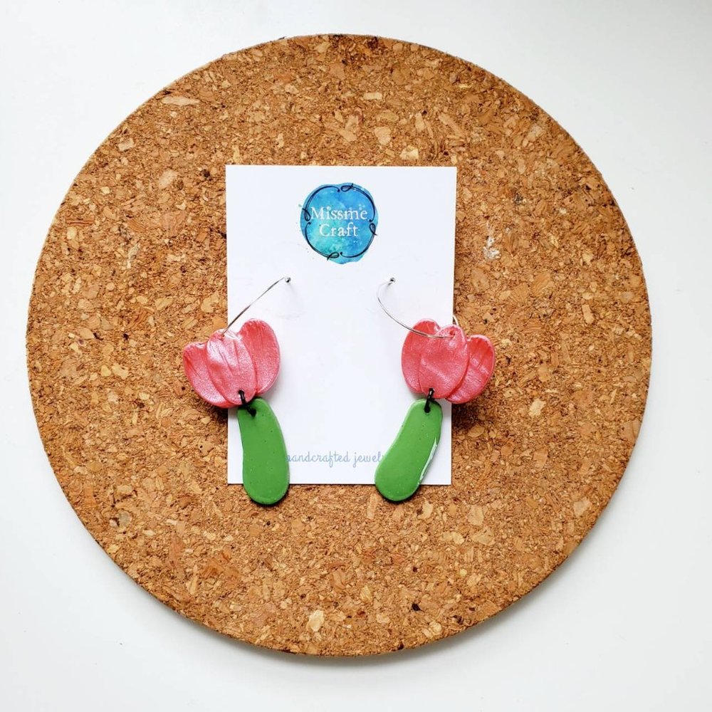 Earrings Red Tulip Hoop Polymer Clay Handmade